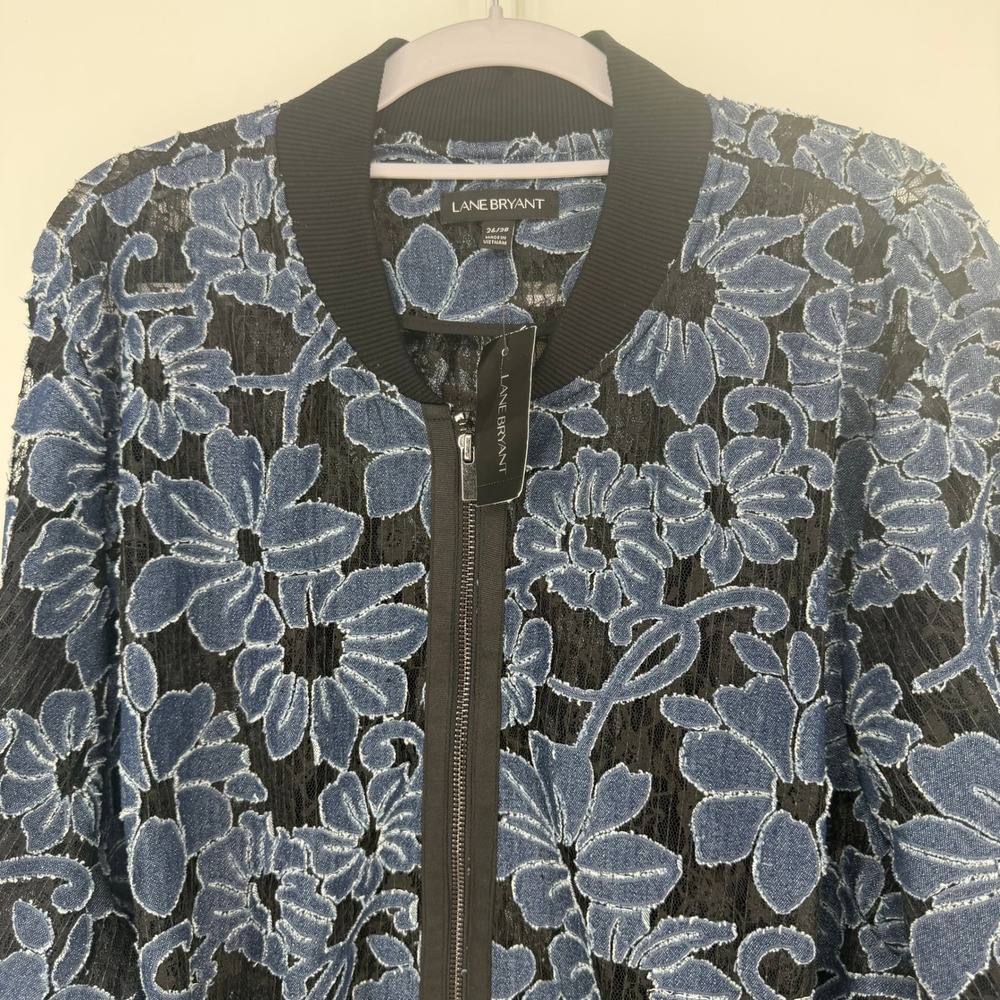 Lane Bryant Bomber Jacket Women 26/28 Blue Floral Sheer Lace Denim Applique Boho - Picture 4 of 8